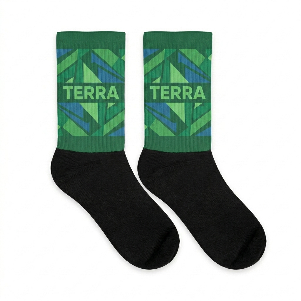 Custom Custom Sublimated Crew Socks design direction 2: Abstract Graphic featuring the TERRA wordmark