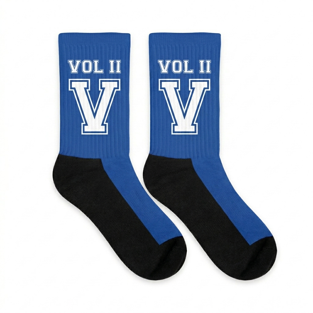 Custom Custom Sublimated Crew Socks design direction 3: Retro Collegiate Letter featuring the VOL II wordmark