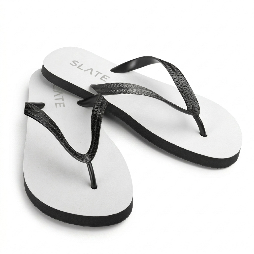 Custom Custom Sublimation Flip Flops design direction 1: Minimalist Wordmark featuring the SLATE wordmark