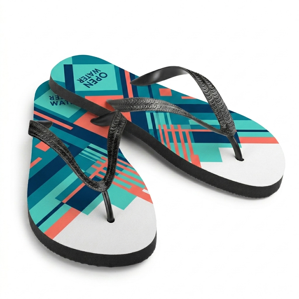 Custom Custom Sublimation Flip Flops design direction 2: Bold Abstract Graphic featuring the OPEN WATER wordmark