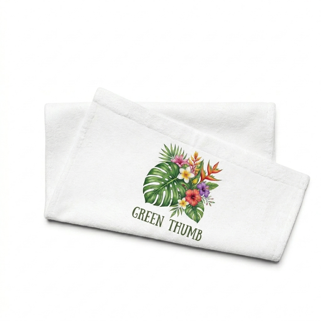 Custom Custom Sublimation Hand Towel design direction 2: Botanical Illustration featuring the GREEN THUMB wordmark