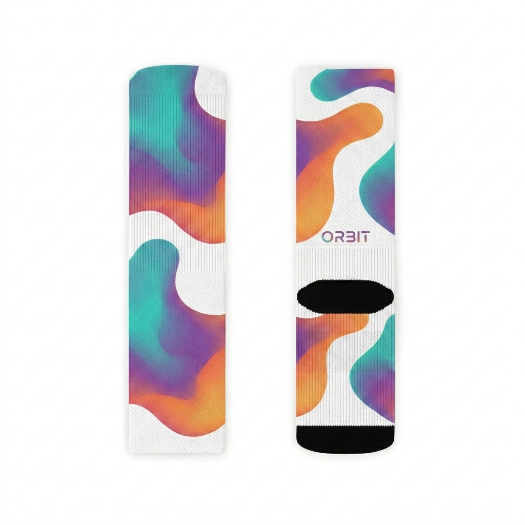 Custom Custom Sublimation Socks design direction 1: Abstract Gradient Flow featuring the ORBIT wordmark