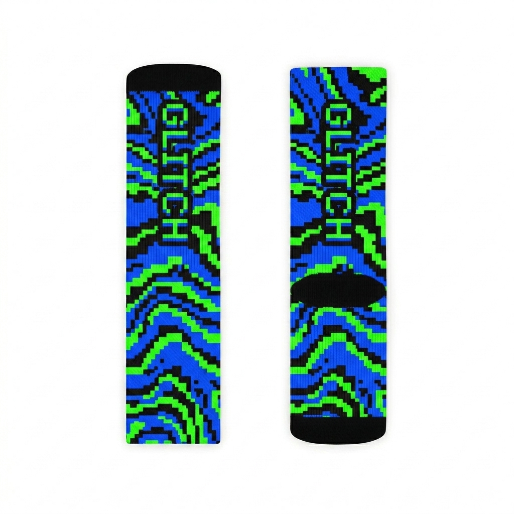Custom Custom Sublimation Socks design direction 2: Pixelated Retro Wave featuring the GLITCH wordmark