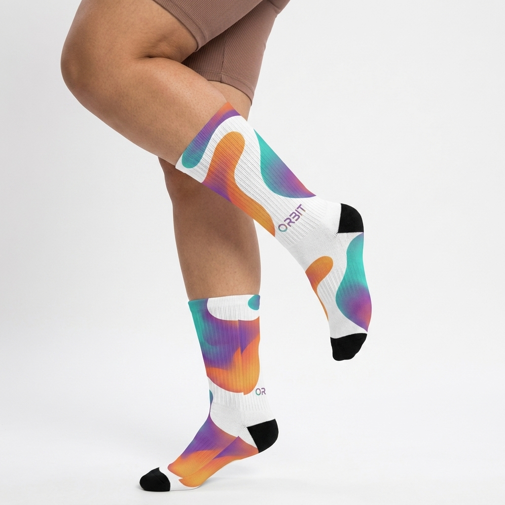Custom Sublimation Socks worn by a curvy Persian female fashion influencer, sporty athleisure styling, studio lookbook — custom custom sublimation socks