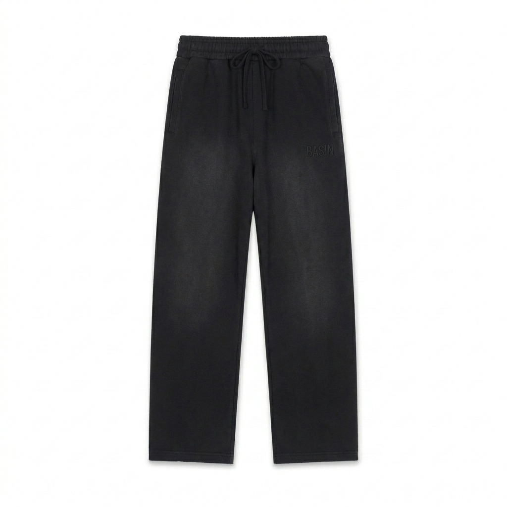 Custom Sun Fade Straight-Leg Sweatpants design direction 1: Tonal Embroidered Wordmark featuring the BASIN wordmark