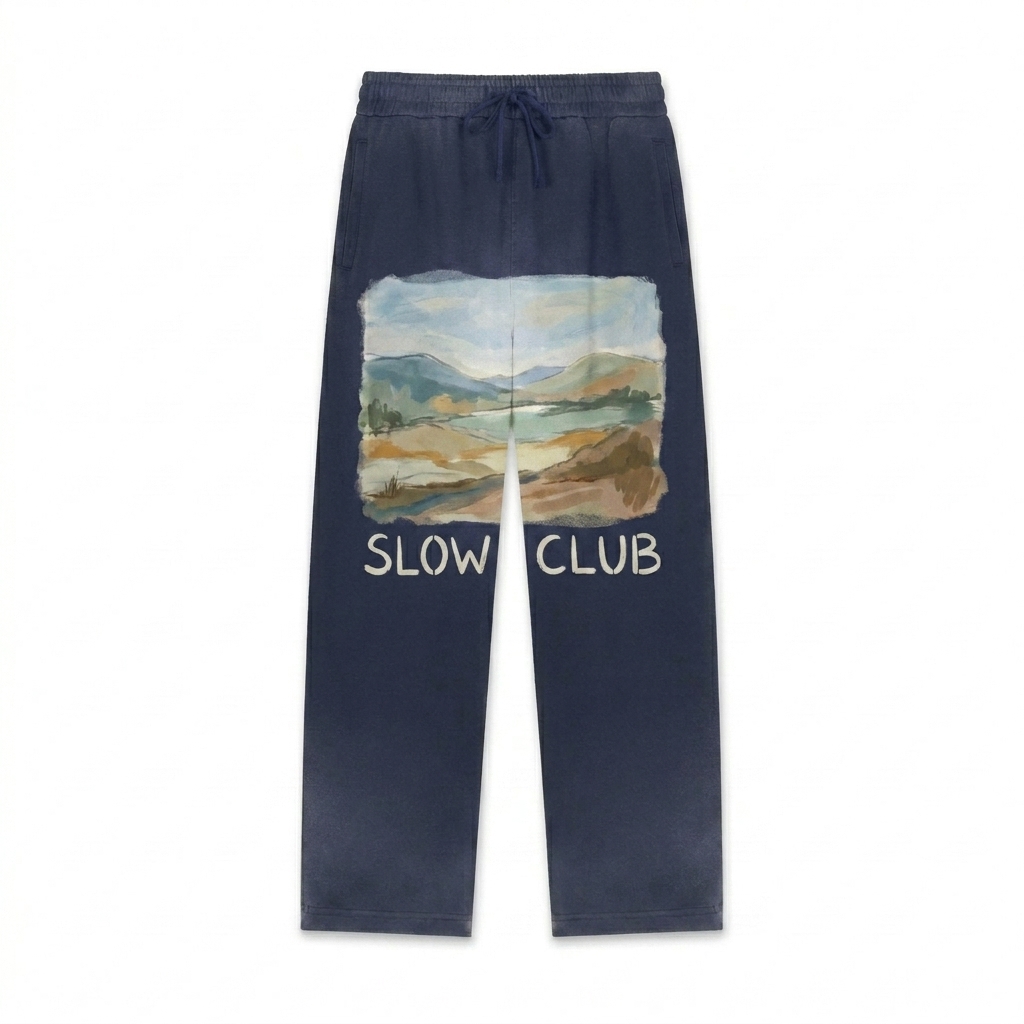 Custom Sun Fade Straight-Leg Sweatpants design direction 2: Hand-Drawn Abstract Graphic featuring the SLOW CLUB wordmark