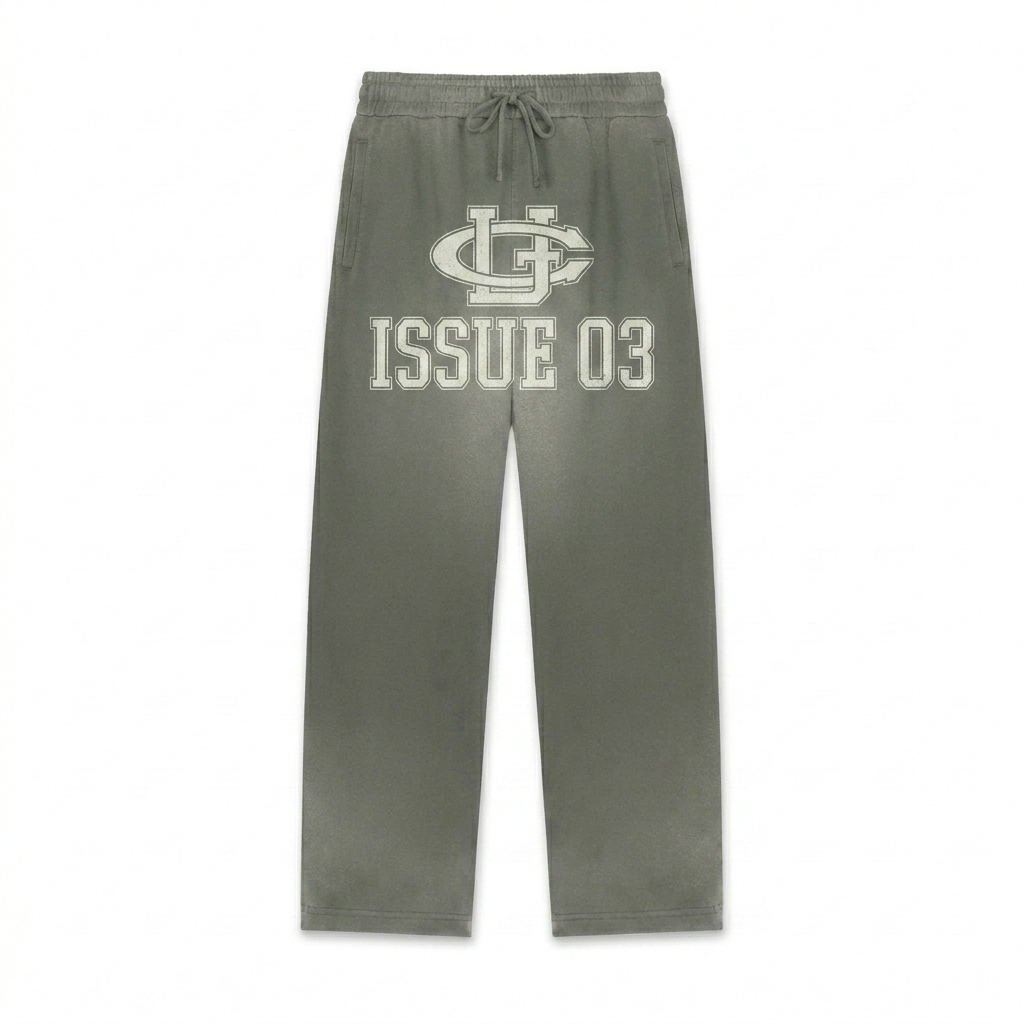 Custom Sun Fade Straight-Leg Sweatpants design direction 3: Retro Collegiate Emblem featuring the ISSUE 03 wordmark