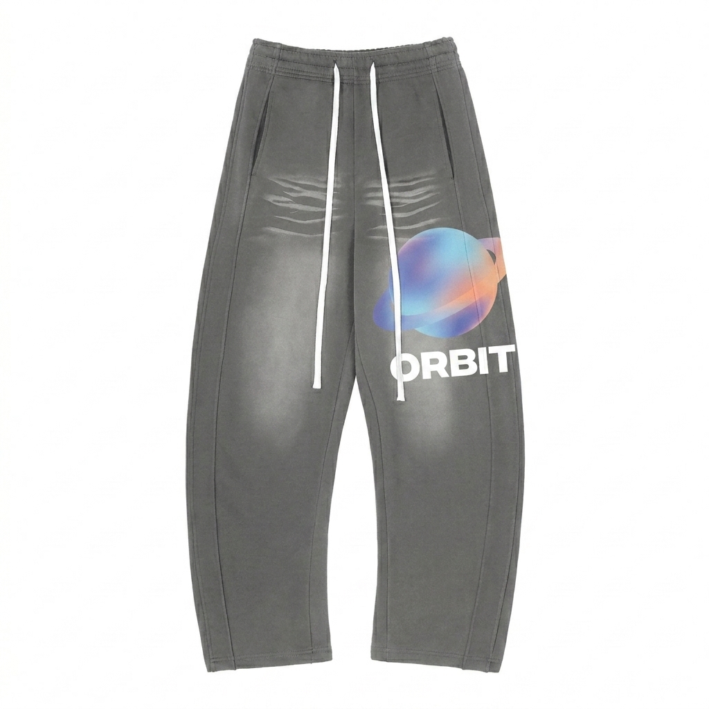 Custom Sunfade Fleece Sweatpants design direction 2: Bold Abstract Graphic featuring the ORBIT wordmark