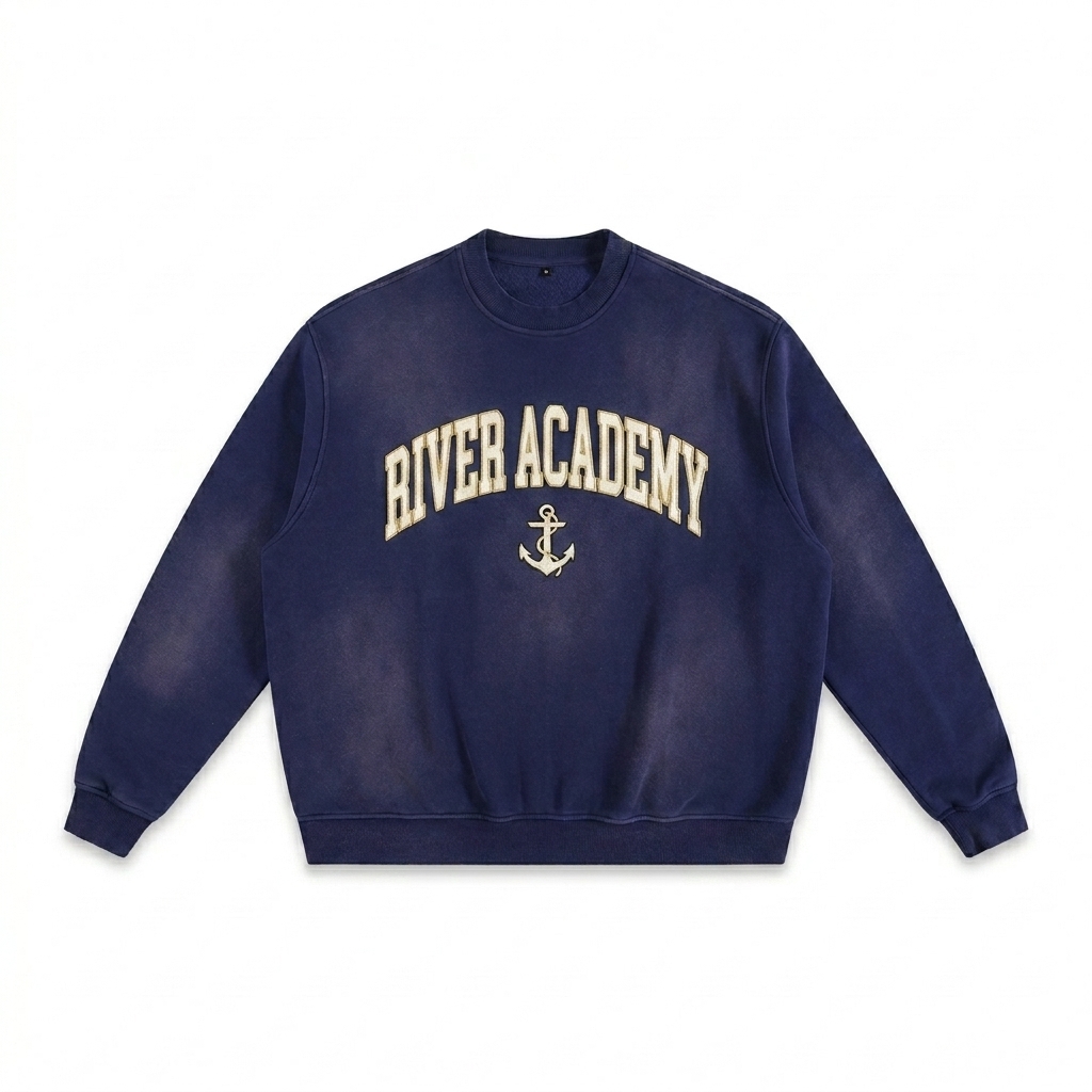 Custom Sunfade Fleeced Sweatshirt design direction 3: Retro Collegiate Emblem featuring the RIVER ACADEMY wordmark