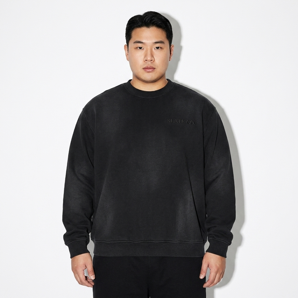 Sunfade Fleeced Sweatshirt worn by a curvy East Asian male fashion influencer, workwear utility styling, studio lookbook — custom sunfade fleeced sweatshirt