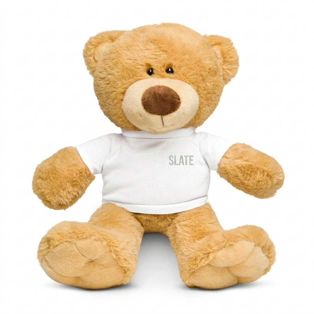 Custom Customizable Teddy Bear with T-Shirt design direction 1: Minimalist Wordmark featuring the SLATE wordmark
