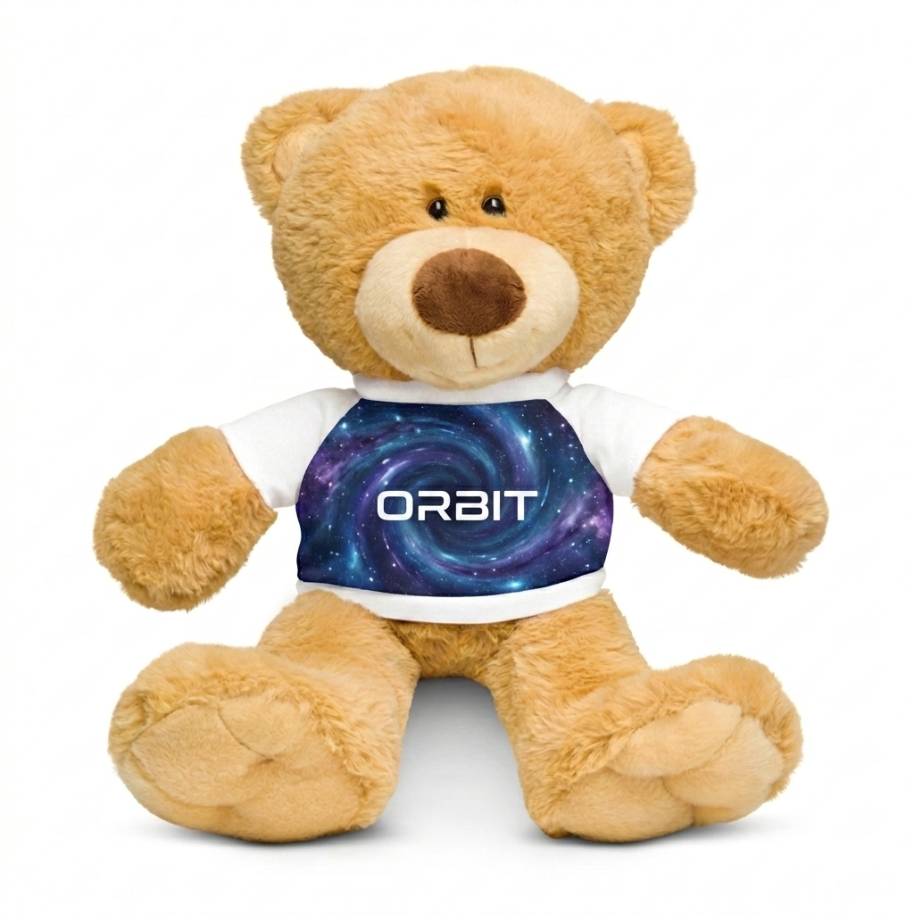 Custom Customizable Teddy Bear with T-Shirt design direction 2: Bold Abstract Graphic featuring the ORBIT wordmark