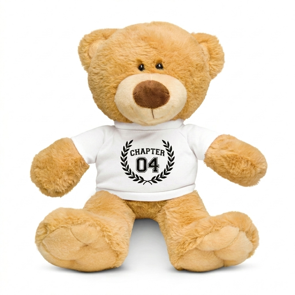 Custom Customizable Teddy Bear with T-Shirt design direction 3: Retro Collegiate Emblem featuring the CHAPTER 04 wordmark