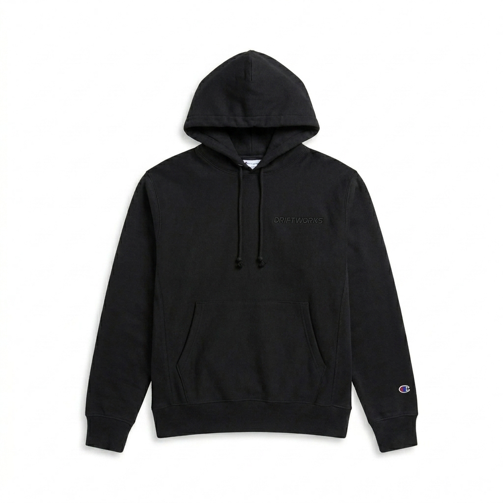 Custom Tie-Dye Pullover Hoodie design direction 1: Tonal Expedition Wordmark featuring the DRIFTWORKS wordmark