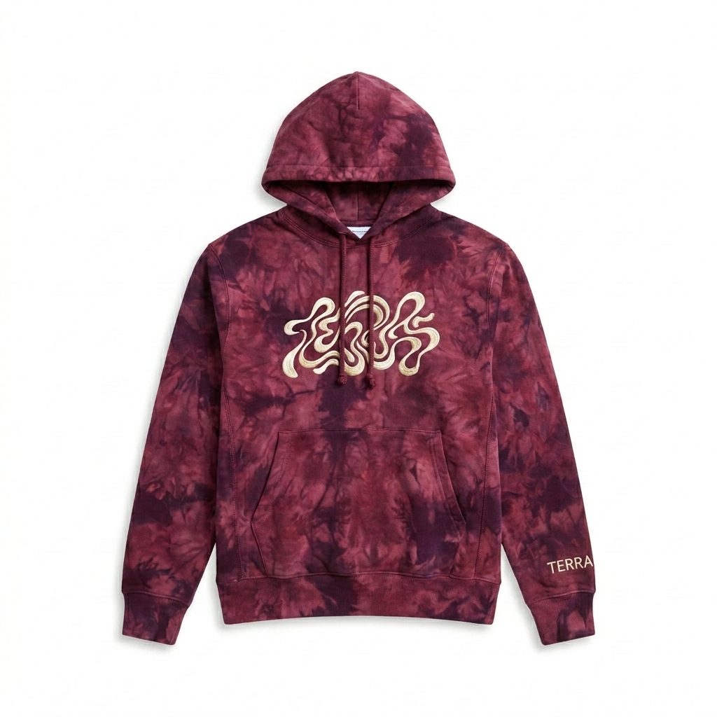 Custom Tie-Dye Pullover Hoodie design direction 2: Abstract Organic Graphic featuring the TERRA wordmark