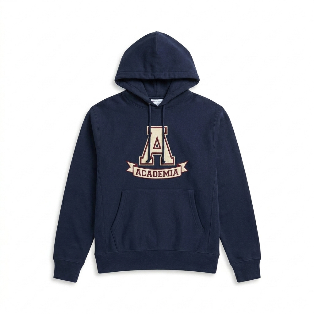 Custom Tie-Dye Pullover Hoodie design direction 3: Retro Collegiate Emblem featuring the ACADEMIA wordmark