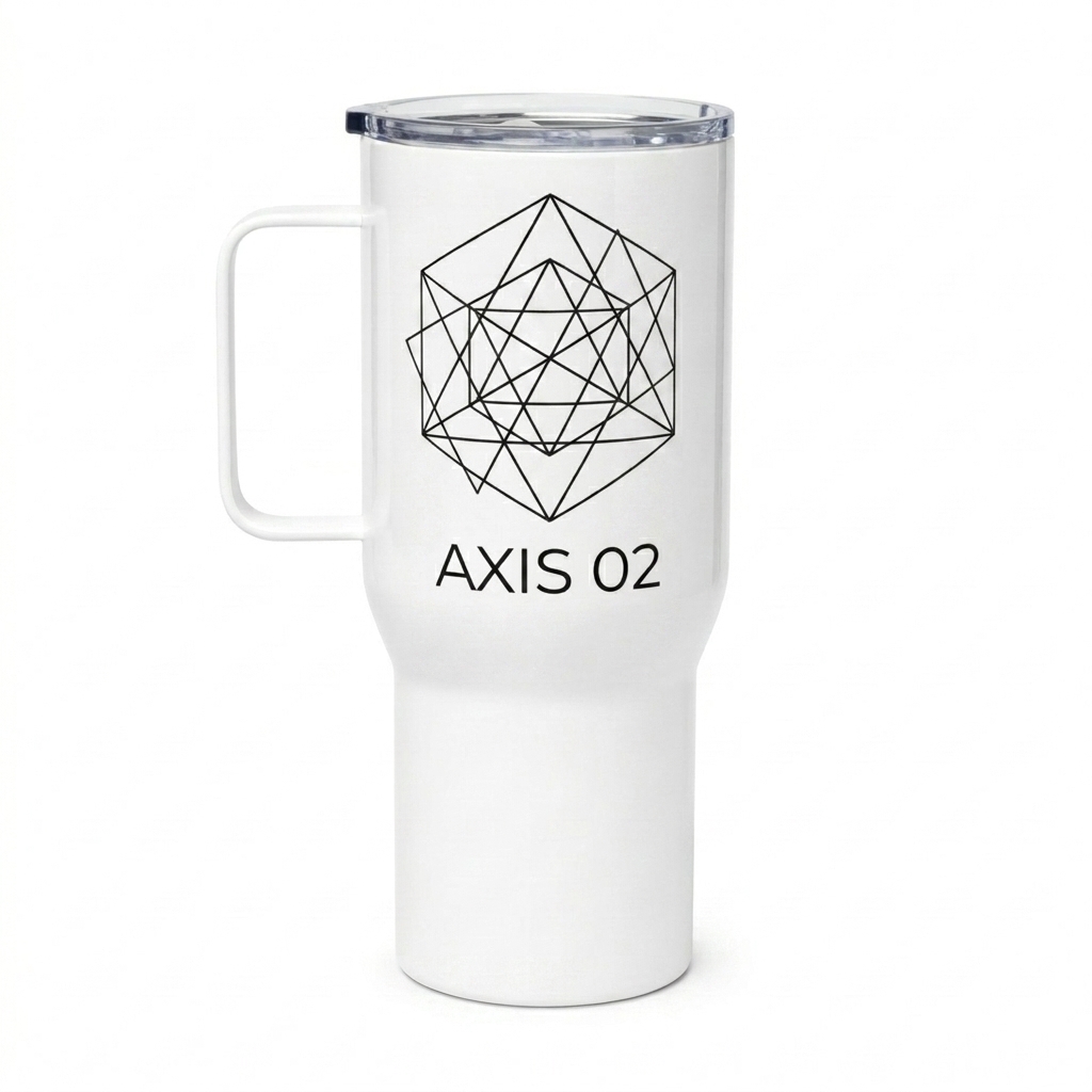 Custom Custom Travel Mug with Handle design direction 3: Abstract Geometric Line Art featuring the AXIS 02 wordmark