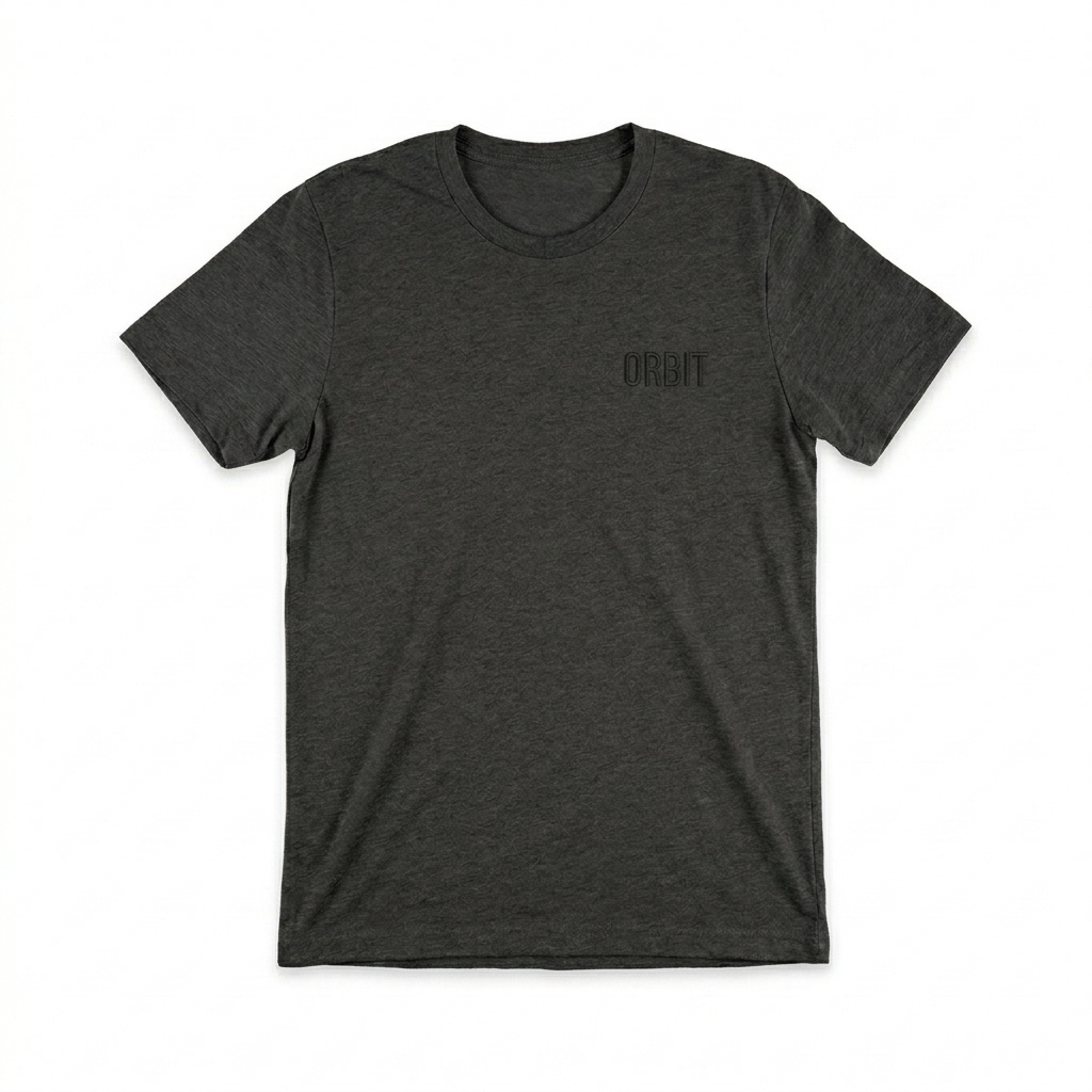 Custom Tri-Blend T-Shirt design direction 1: Minimalist Tonal Wordmark featuring the ORBIT wordmark