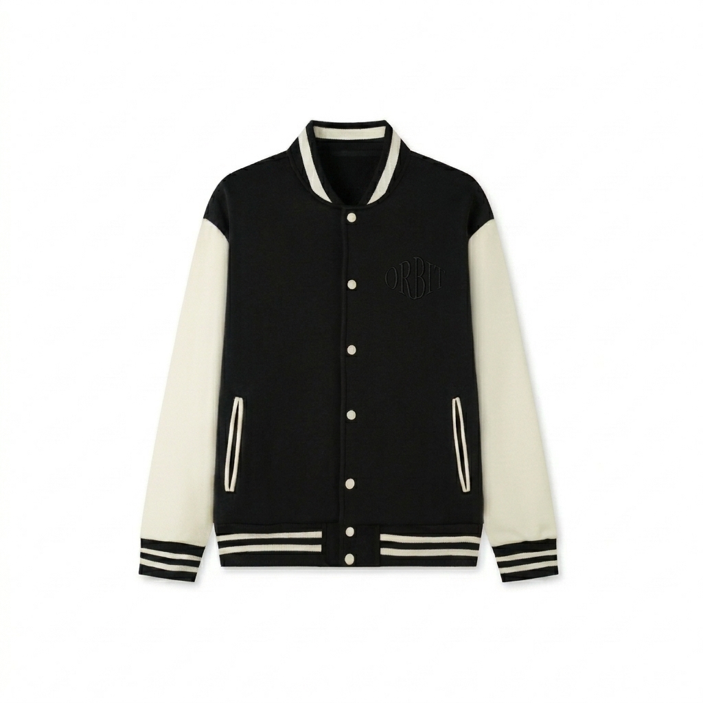 Custom Two-Tone Varsity Jacket design direction 1: Tonal Collegiate Emblem featuring the ORBIT wordmark