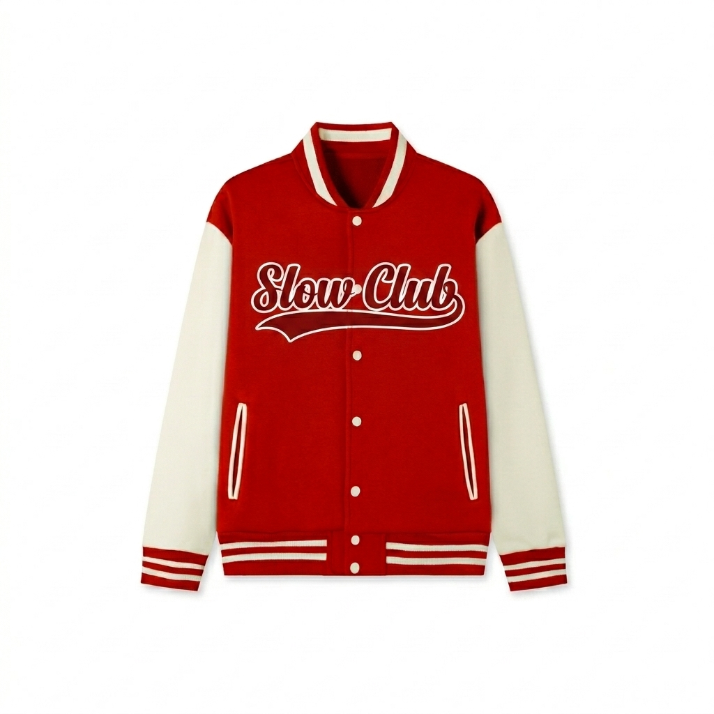 Custom Two-Tone Varsity Jacket design direction 2: Retro Sport Script featuring the SLOW CLUB wordmark