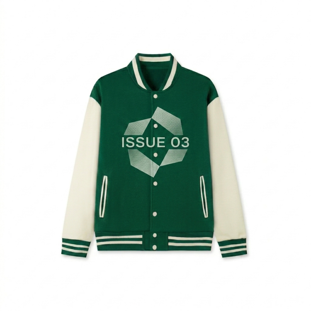 Custom Two-Tone Varsity Jacket design direction 3: Abstract Geometric Patch featuring the ISSUE 03 wordmark