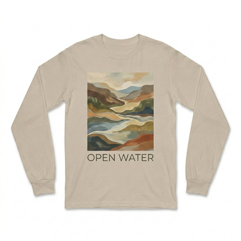 Custom Unisex Long Sleeve Tee design direction 2: Abstract Landscape Graphic featuring the OPEN WATER wordmark