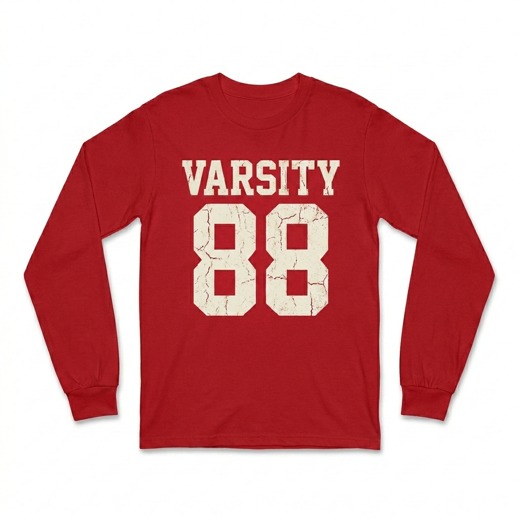 Custom Unisex Long Sleeve Tee design direction 3: Collegiate Wordmark featuring the VARSITY 88 wordmark