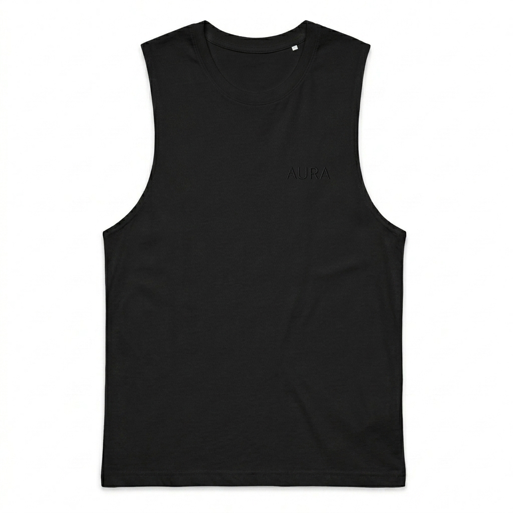 Custom Unisex Muscle Tank Top design direction 1: Tonal Minimalist Wordmark featuring the AURA wordmark