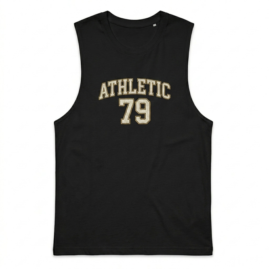 Custom Unisex Muscle Tank Top design direction 3: Retro Collegiate Emblem featuring the ATHLETIC 79 wordmark