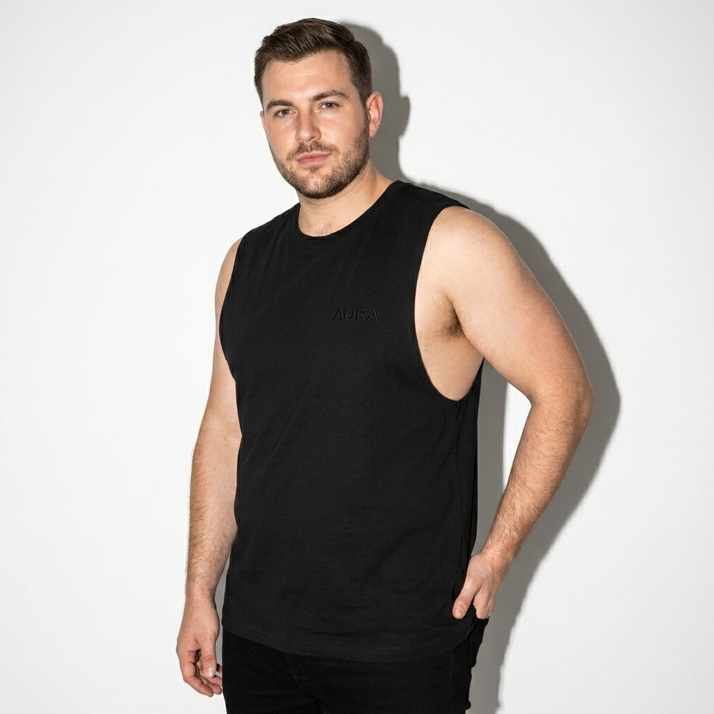 Unisex Muscle Tank Top worn by a curvy White European male fashion influencer, workwear utility styling, studio lookbook — custom unisex muscle tank top