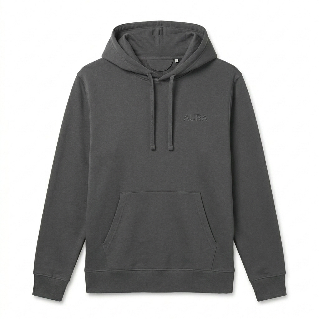 Custom Unisex Organic Mid-Weight Hoodie design direction 1: Tonal Minimalist Wordmark featuring the AURA wordmark