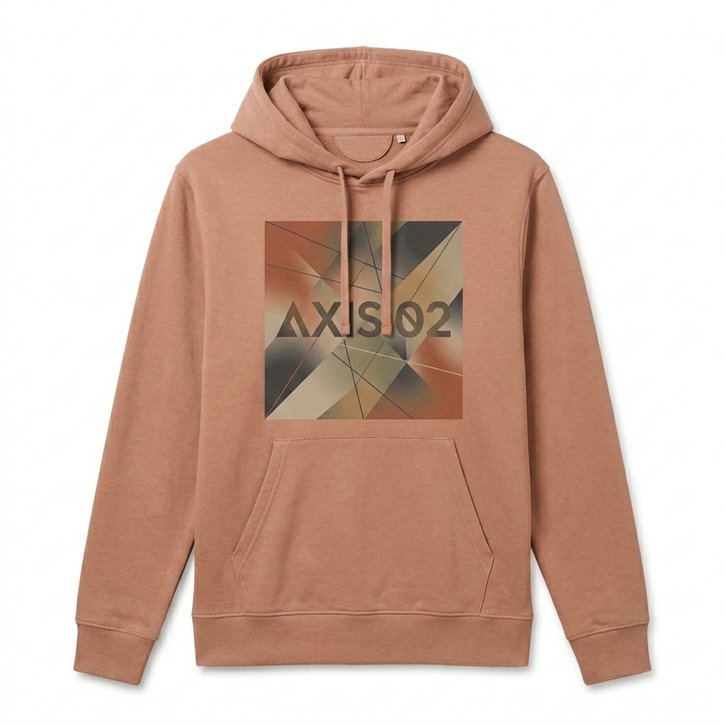 Custom Unisex Organic Mid-Weight Hoodie design direction 2: Bold Abstract Graphic featuring the AXIS 02 wordmark