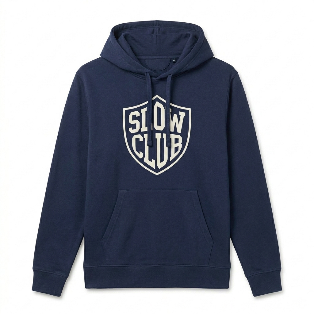 Custom Unisex Organic Mid-Weight Hoodie design direction 3: Retro Collegiate Emblem featuring the SLOW CLUB wordmark
