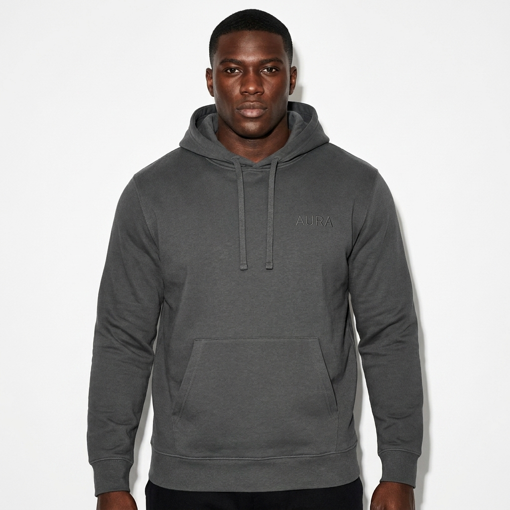 Unisex Organic Mid-Weight Hoodie worn by a broad-shouldered Black male fashion influencer, clean-girl minimal styling, studio lookbook — custom unisex organic mid-weight hoodie