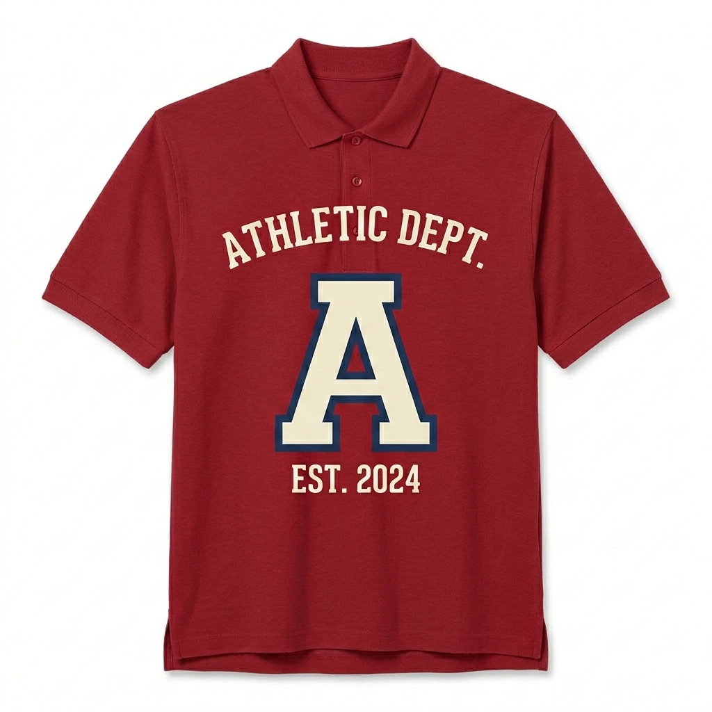 Custom Custom Unisex Pique Polo Shirt design direction 2: Retro Collegiate Emblem featuring the ATHLETIC DEPT. wordmark