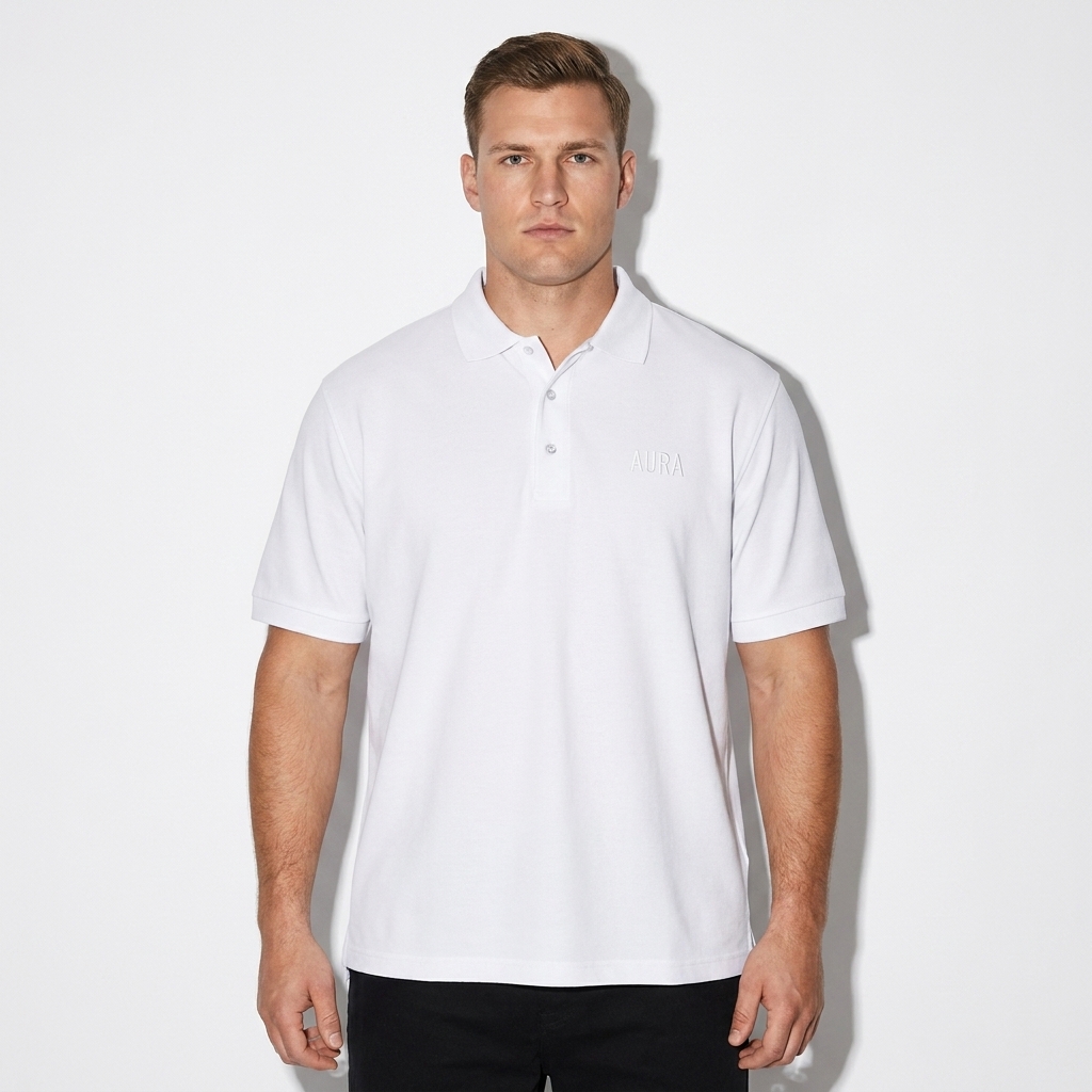 Custom Unisex Pique Polo Shirt worn by a broad-shouldered German male fashion influencer, editorial avant-garde styling, studio lookbook — custom custom unisex pique polo shirt