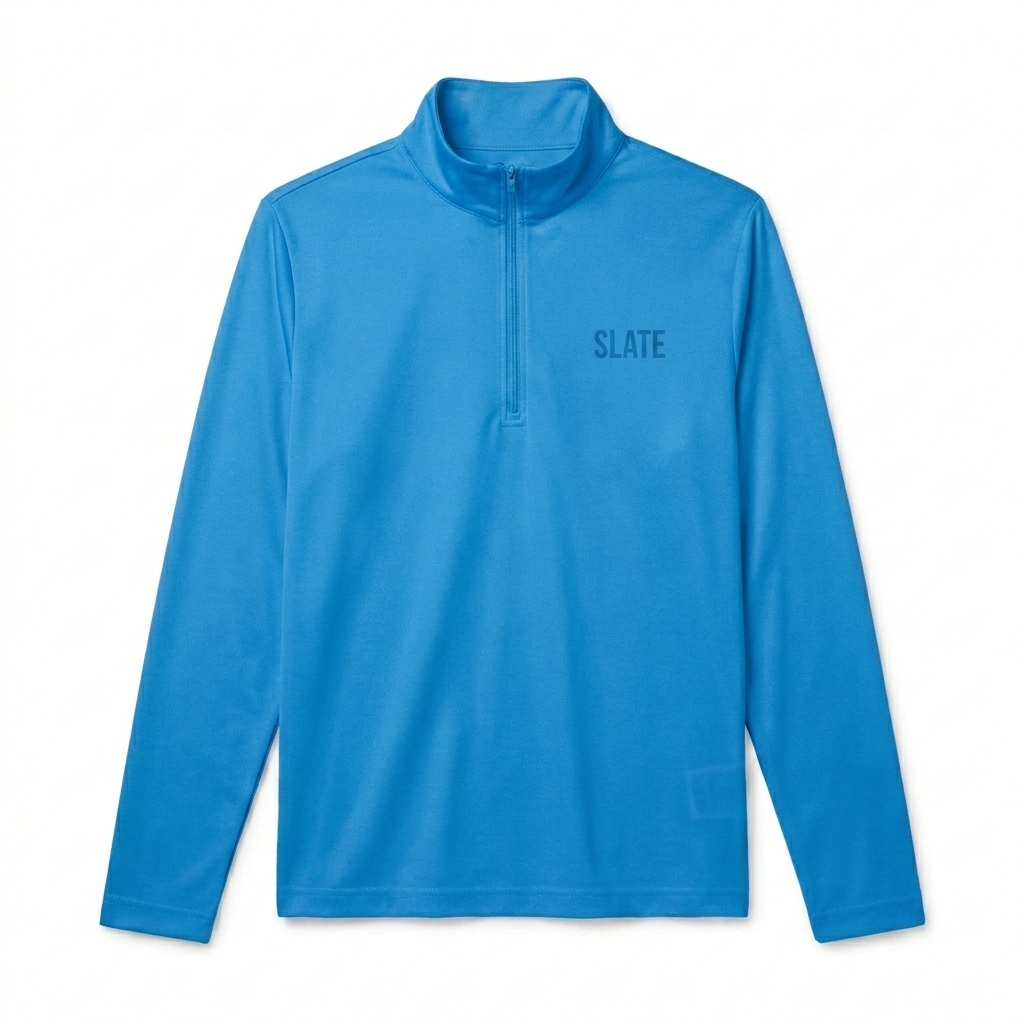 Custom Unisex Quarter Zip Pullover design direction 1: Tonal Minimalist Wordmark featuring the SLATE wordmark