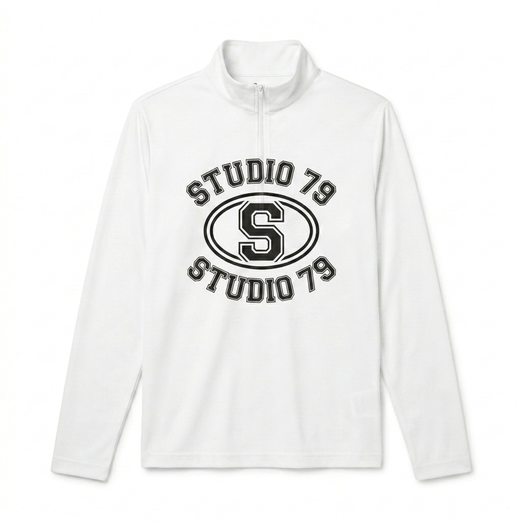 Custom Unisex Quarter Zip Pullover design direction 3: Retro Collegiate Emblem featuring the STUDIO 79 wordmark