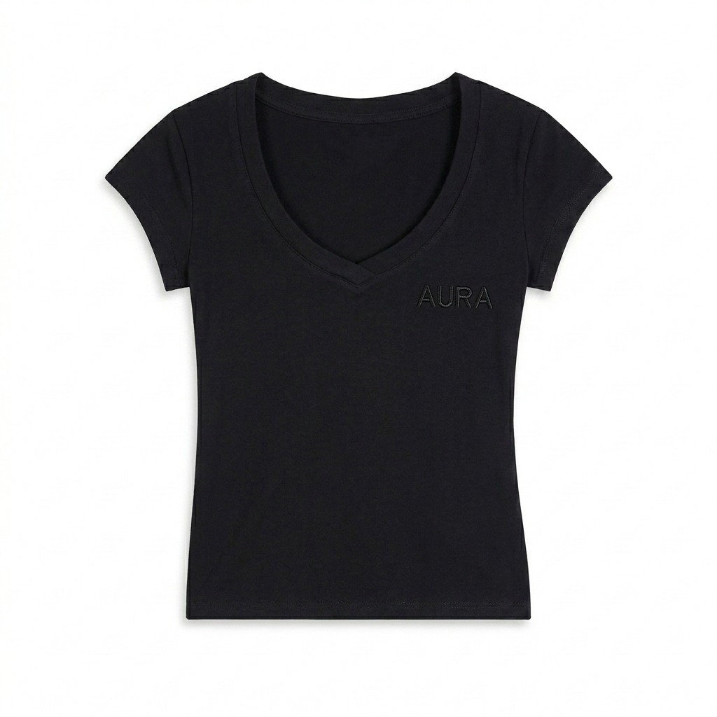 Custom Custom V-Neck Bodycon T-Shirt design direction 1: Minimalist Wordmark featuring the AURA wordmark