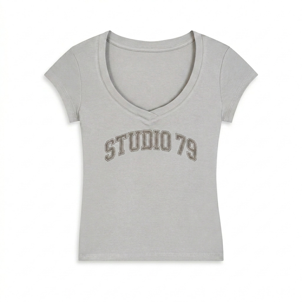 Custom Custom V-Neck Bodycon T-Shirt design direction 3: Retro Collegiate featuring the STUDIO 79 wordmark