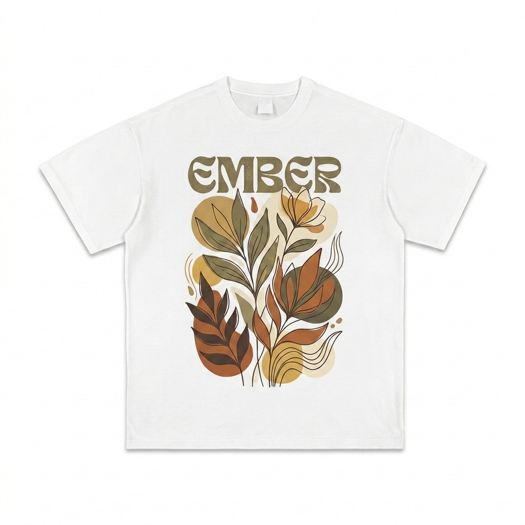 Custom Vintage Washed T-Shirt design direction 2: Botanical Illustration featuring the EMBER wordmark
