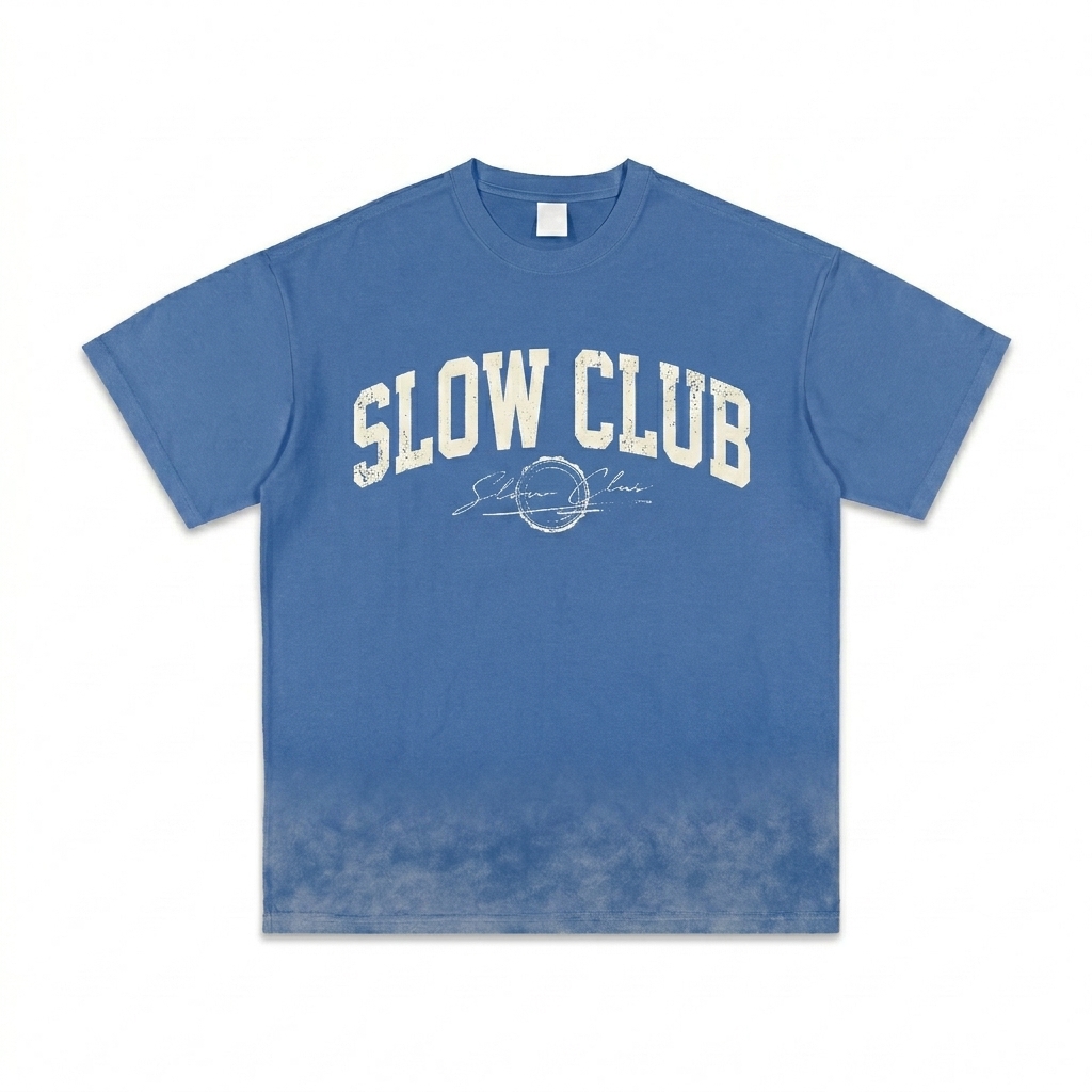 Custom Vintage Washed T-Shirt design direction 3: Retro Collegiate Emblem featuring the SLOW CLUB wordmark