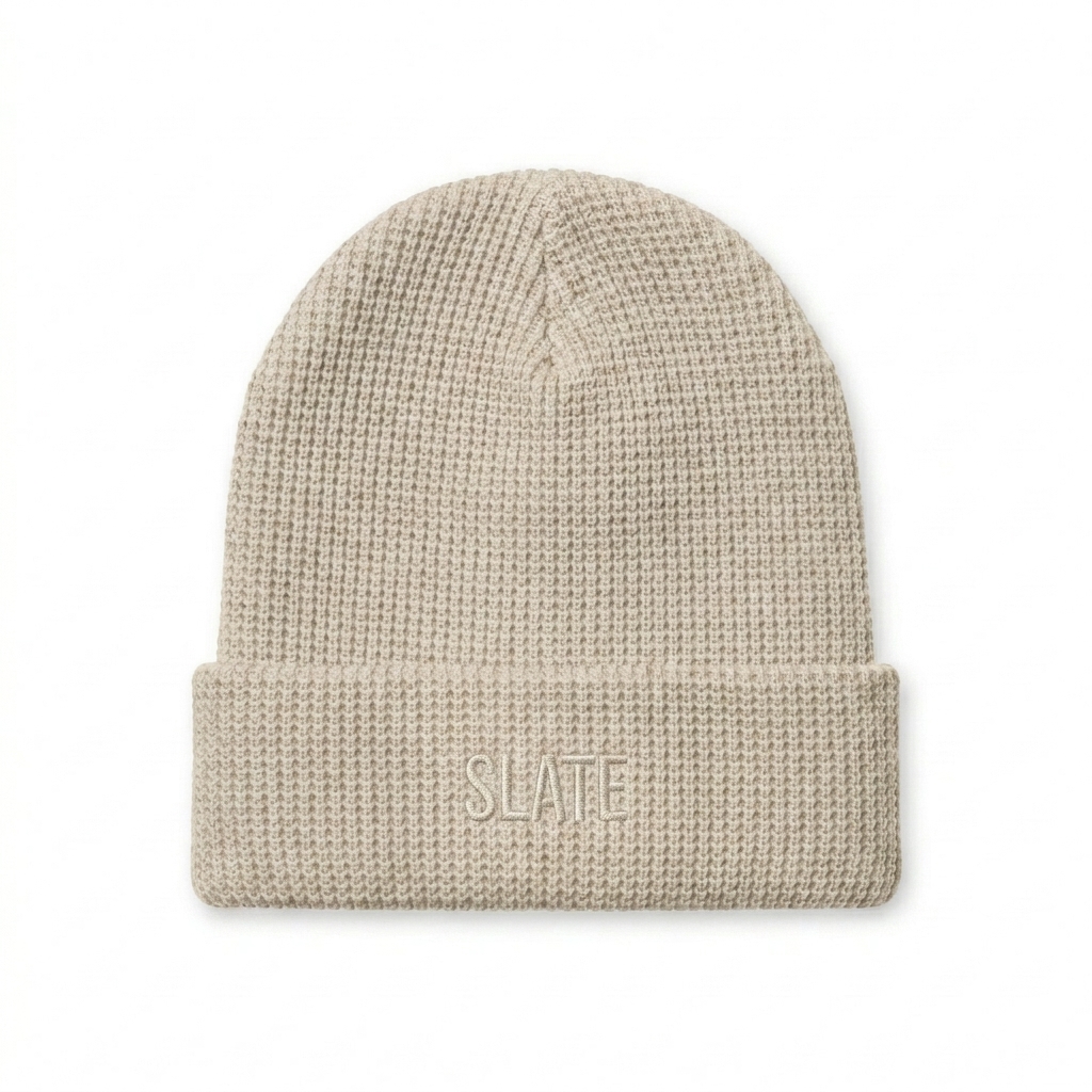 Custom Waffle Knit Beanie design direction 1: Tonal Minimalist Wordmark featuring the SLATE wordmark