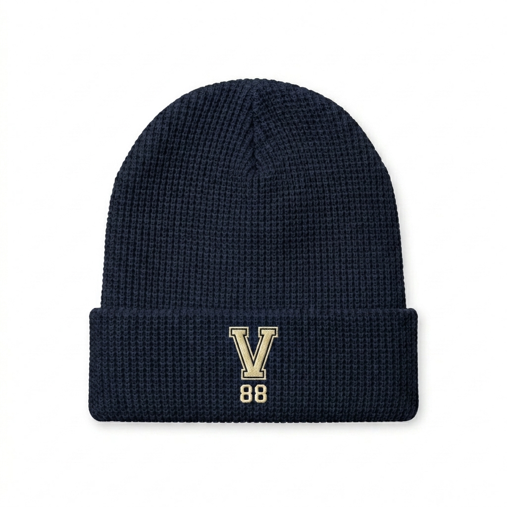 Custom Waffle Knit Beanie design direction 2: Retro Collegiate Emblem featuring the VARSITY 88 wordmark