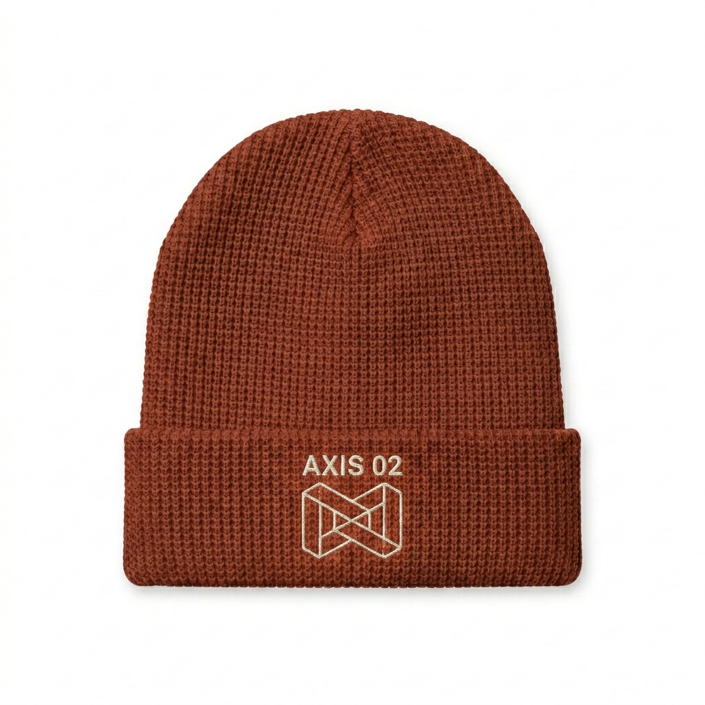 Custom Waffle Knit Beanie design direction 3: Abstract Geometric Graphic featuring the AXIS 02 wordmark