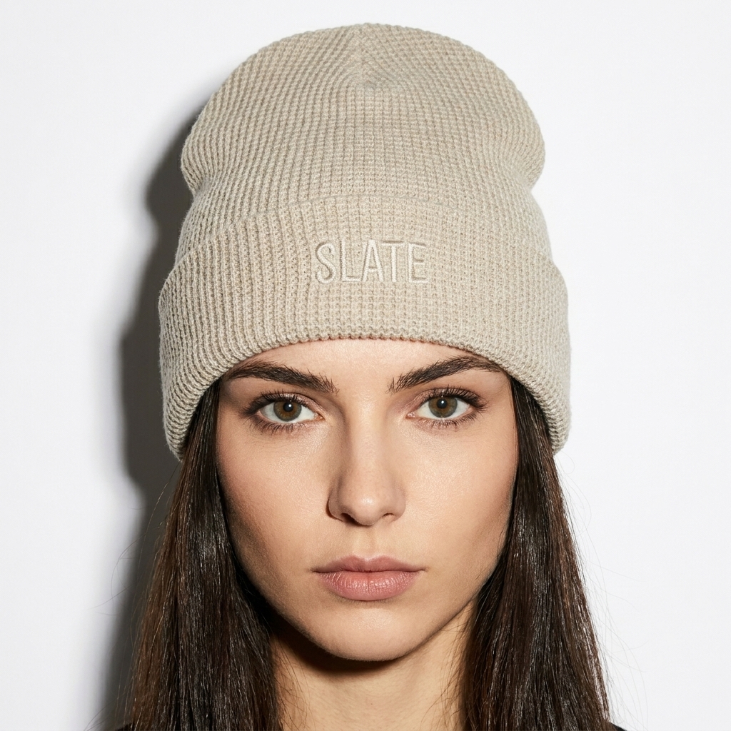 Waffle Knit Beanie worn by a petite Eastern European female fashion influencer, clean-girl minimal styling, studio lookbook — custom waffle knit beanie