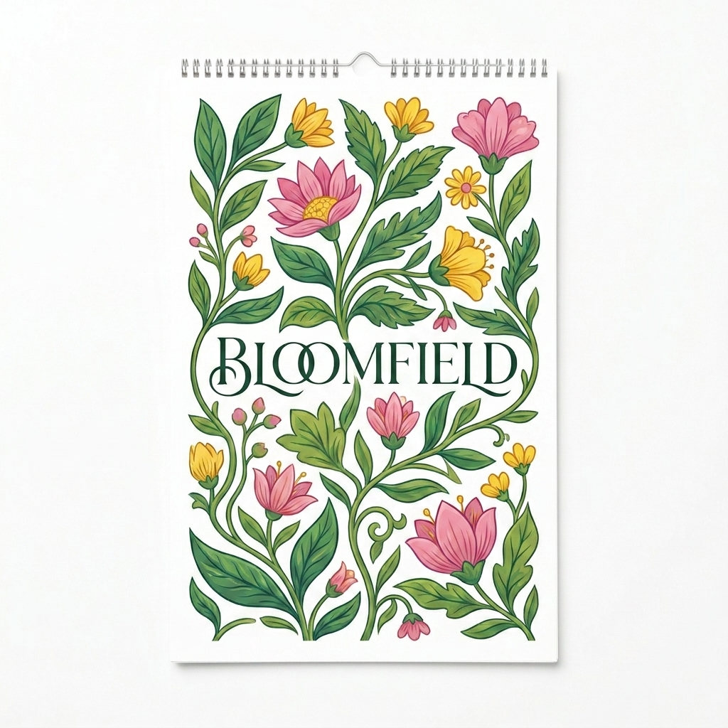 Custom Custom Wall Calendar design direction 2: Vibrant Botanical Illustration featuring the BLOOMFIELD wordmark
