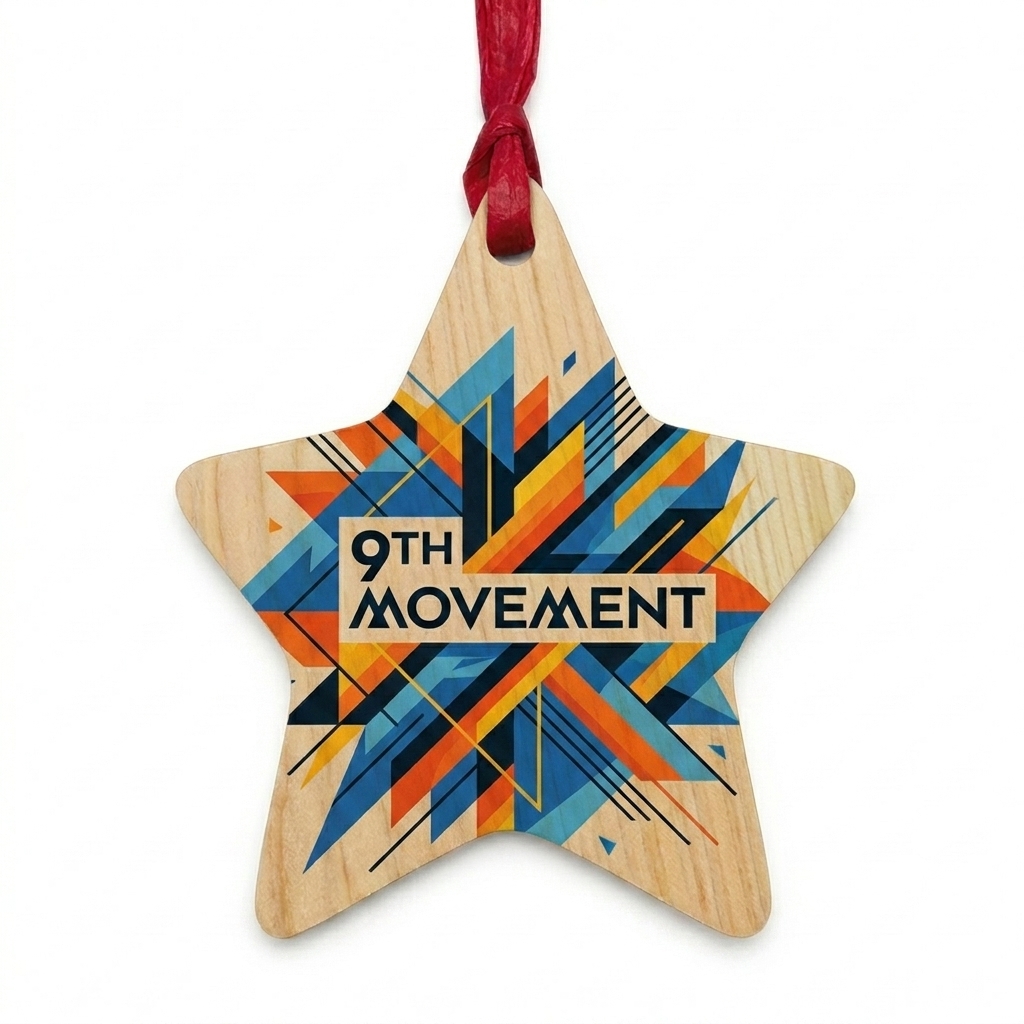 Custom Wooden Ornaments design direction 2: Abstract Geometric featuring the 9TH MOVEMENT wordmark
