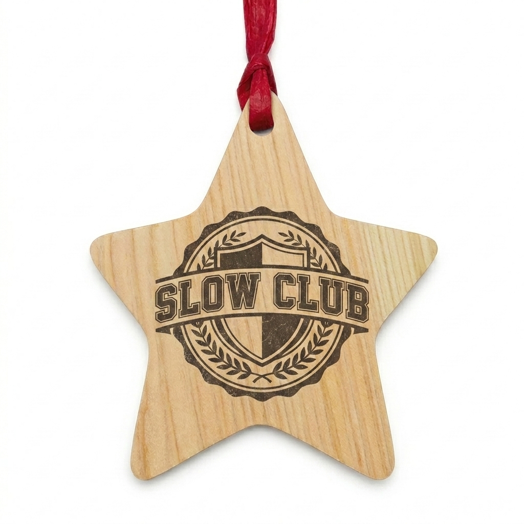 Custom Wooden Ornaments design direction 3: Retro Collegiate Emblem featuring the SLOW CLUB wordmark