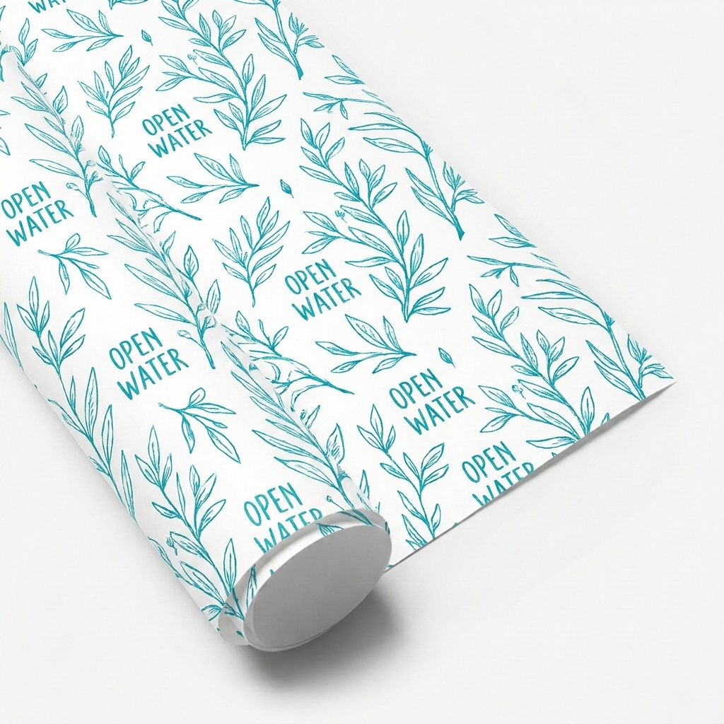 Custom Custom Wrapping Paper Sheets design direction 2: Botanical Sketch Pattern featuring the OPEN WATER wordmark